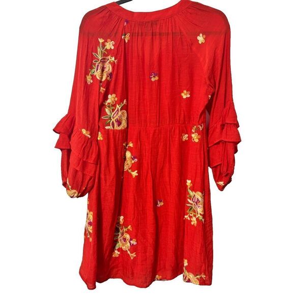 Figueroa Flower Women's Floral Embroidered Tiered Dress Red Small Short Sleeve - Picture 3 of 7